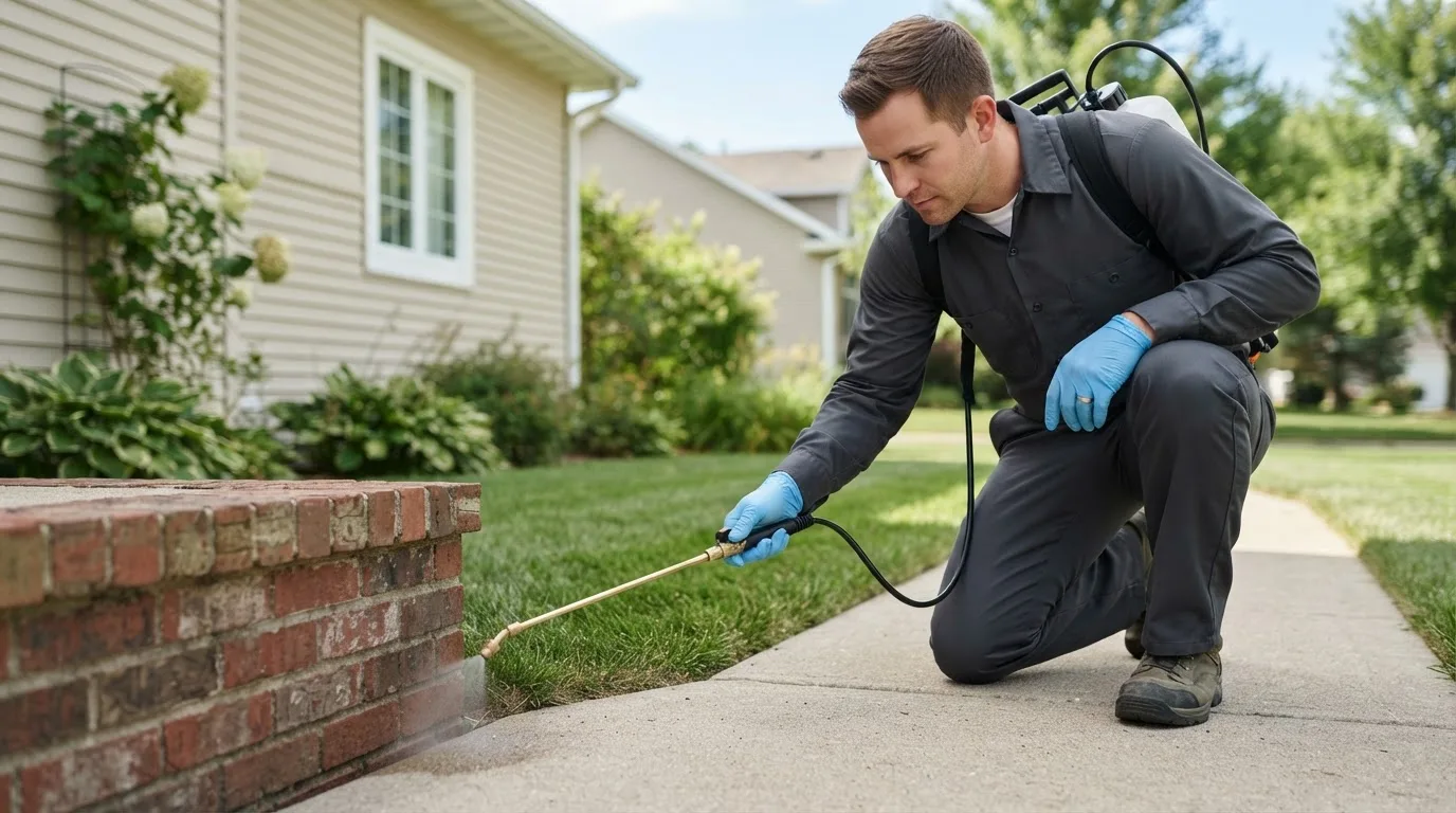 Pest control technician treating a home near Leopold, IN