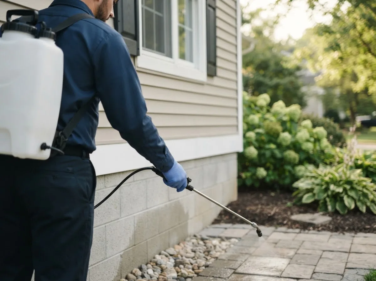 Pest control technician inspecting a home in Leopold, IN